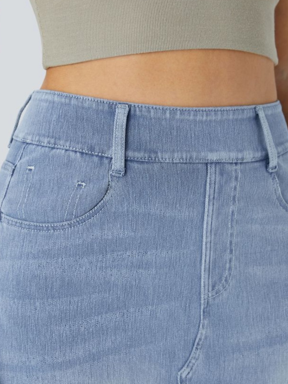Halara Flex High Waisted Pockets Bodycon Washed Denim Casual Midi Skirt NWOT - Picture 4 of 6